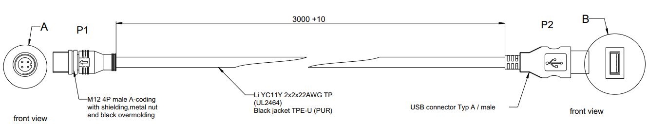 Cabo M12 Usb Masculino Tipo A 3M